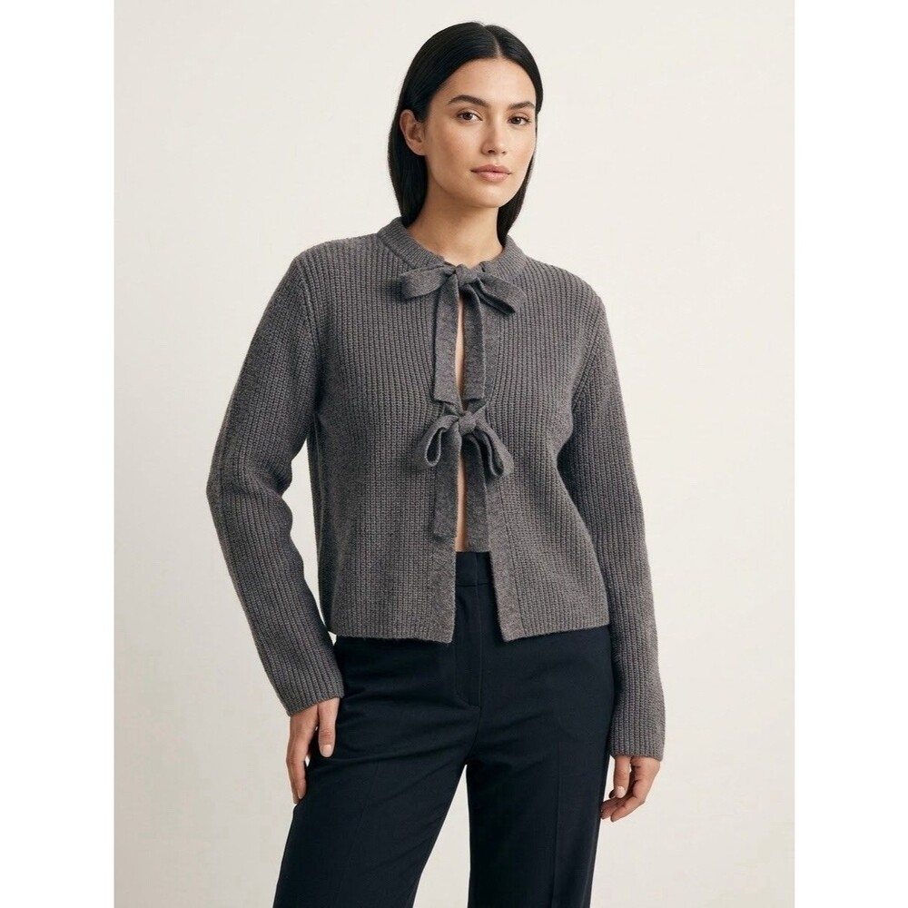 NWT COMMENSE Bow Front Tie Cardigan Sweater Knit Grey Size L